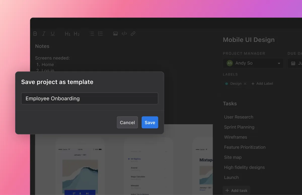 Motion project manager tool can save projects as templates