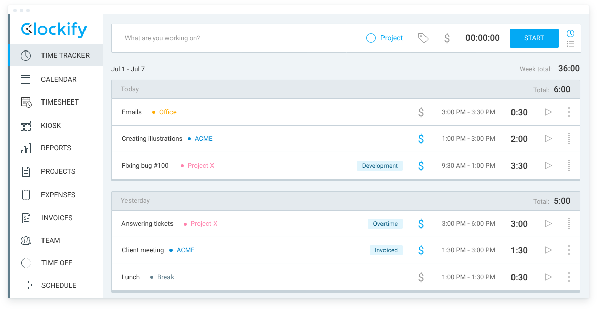 The interface of Clockify